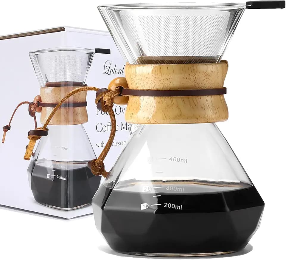 Lalord Pour Over Kaffeebereiter mit Edelstahlfilter, Borosilikatglas Kaffeekanne, Holzkragen, Kaffeefilter-Brauer, für 2 Tassen, 400 ml