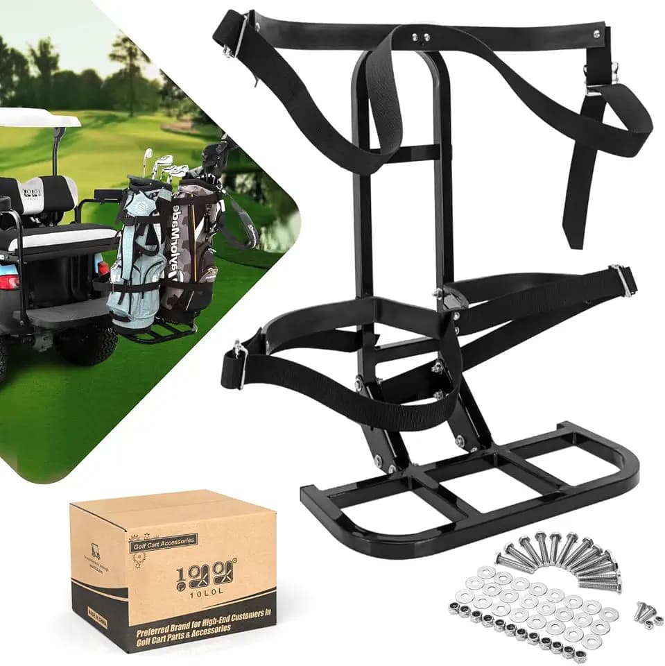 10L0L Universal Golf Cart Bag Holder Rack for Yamaha EZGO Club Car, No Drill Rear Seat Grab Bar Mount, Heavy Duty Steel Storage for Golf Clubs, Fits 8" Wide Safety Bar