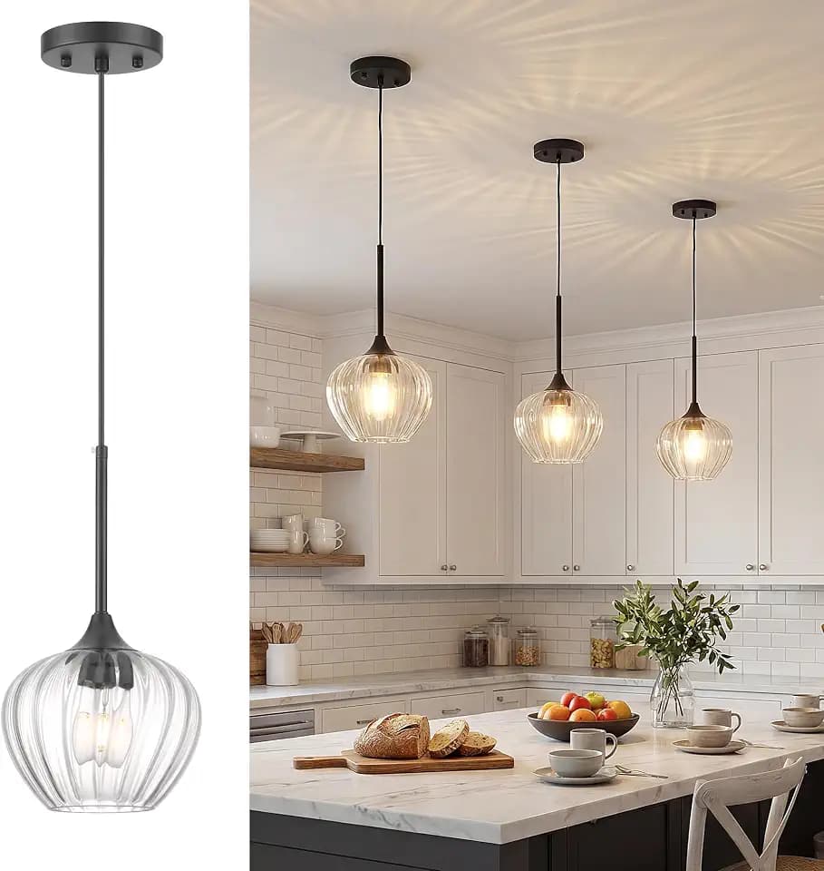 Black Pendant Lights Kitchen Island with Ribbed Glass Shade