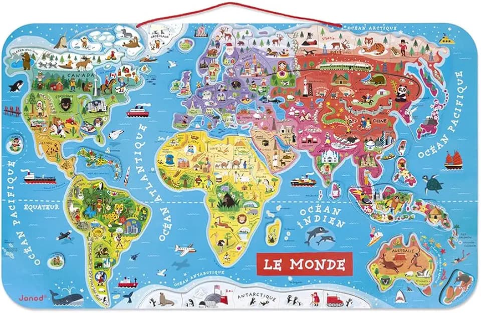 Janod - Magnetisches Weltkarten-Puzzle aus Holz, 92 magnetische Teile, 70 x 43 cm, französische Version, Lernspiel für Kinder ab 7 Jahren, J05500 Metallisches Silber