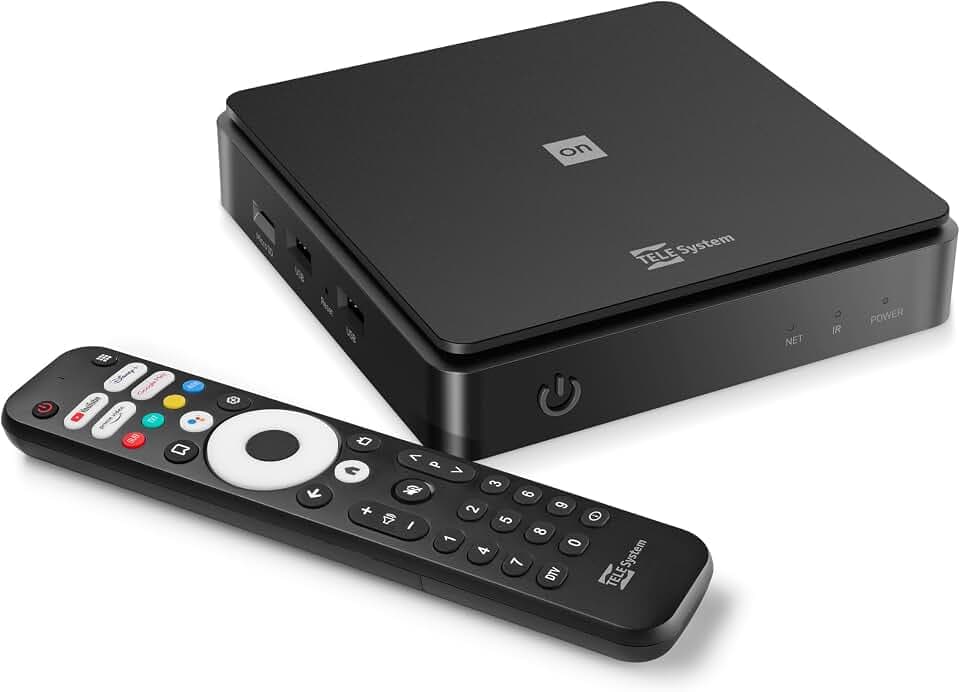 TELE System ON T2 HD: Android TV DVB-T2 Empfänger, Smart TV Upgrade, Tuner DVB-T2 HEVC HDR10+HLG, HDMI, SCART Adapter Inklusive - Google Zertifiziert