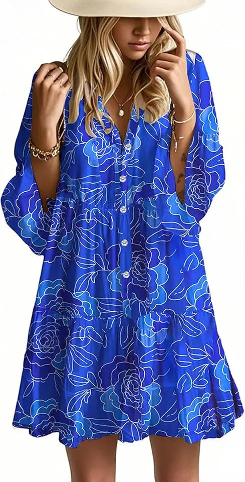 Opemiby Summer Dresses for Women 2026 Flowy Ruffle 3/4 Bell Sleeve V Neck Tiered Casual Babydoll Boho Floral Beach Mini Dress