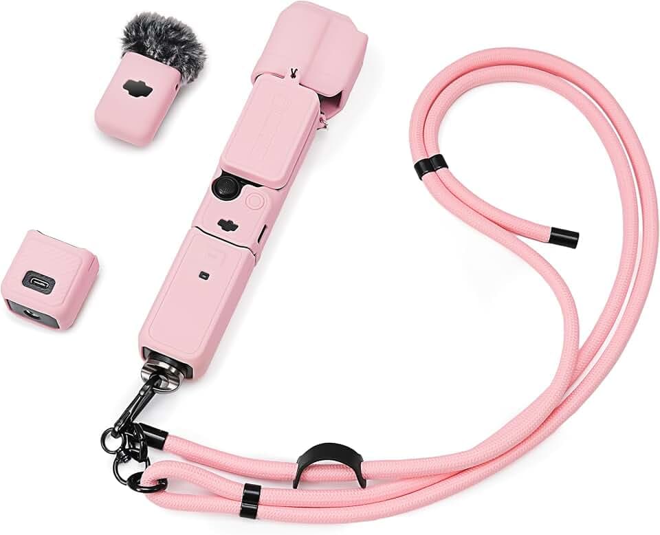 Pocket 3 Hülle & Umhängeband, Silikon-Schutzhülle, Objektiv-Displayschutz, kompatibel mit DJI Osmo Pocket 3 Creator Combo, verstellbarer einfacher Tragegurt für DJI Pocket 3 - Rosa