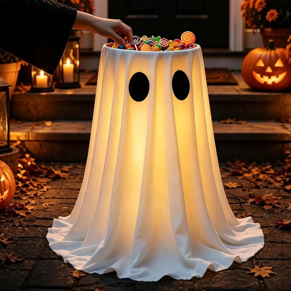 USB Powered Halloween Ghost Candy Bowl Stand w/ 8-Mode Remote LED Lights