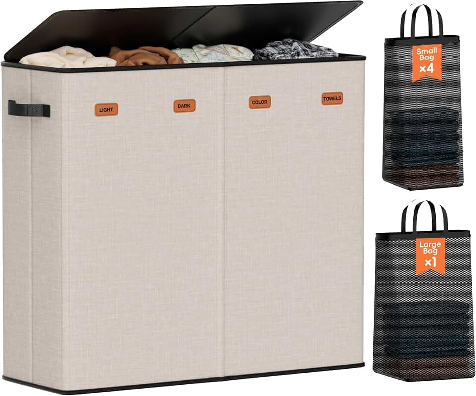 185L Laundry Hamper 4 Section with Lid, Large Clothes Hamper, Beige