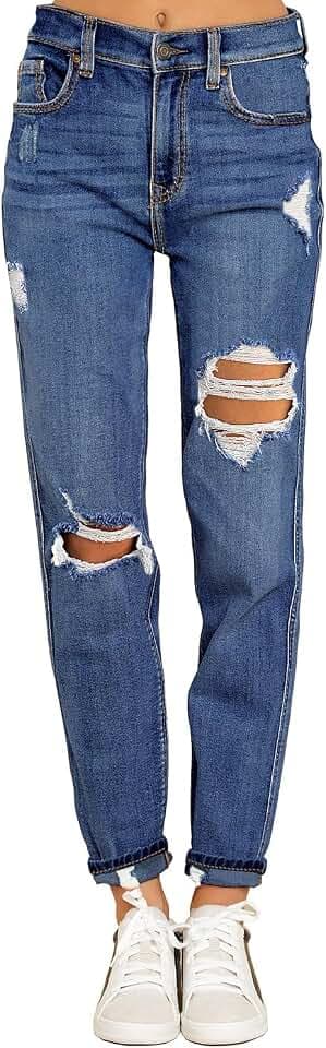 Roskiky Boyfriend Jeans Stretch Jeanshose Jeans Damen High Waist Ripped Jeans Distressed Mom Jeans Slim Denim Pants