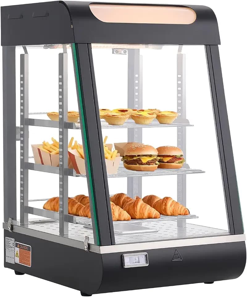VEVOR 3-stöckige Wärmetheke 57 L, Warmhaltevitrine 800 W, Warmhaltetheke 30–85 °C, Speisenwärmer mit LED-Beleuchtung & Verstellbaren Ablagen, Speisevitrine für Hamburger Pizza Brot Brathähnchen