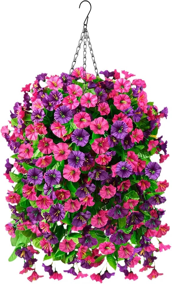 INQCMY Artificial Flowers for Outdoor Spring Summer Decoration Faux Silk Morning Glory Fake Hanging Flowers UV Resistant Look Real for Home Porch (3Pcs Fuchsia&Purple +1 Basket)
