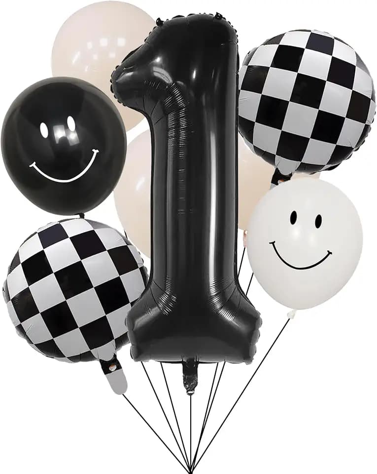 100% liked-One Happy Dude 1st Birthday Balloon Set – 40" Black & White Smiley Face Foil + Latex Balloons, Checkered Baby Shower Decorations, Kids Party Supplies for Boys and Girls