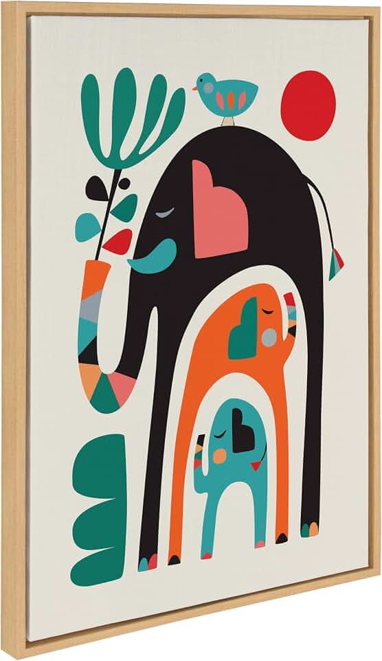 Kate and Laurel Sylvie Three Elephants Framed Canvas Wall Art by Rachel Lee; 23x33 Natural; Colorful Jungle Animal Art for Wall
