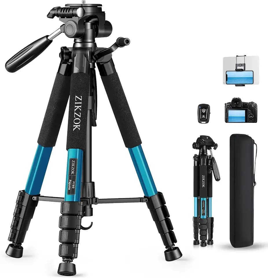 75" Heavy Duty Camera Tripod Stand - Max Load 15LB, Aluminum Travel Tripod for DSLR/Phone/Tablet/Projector, 3-Way Pan Head & Quick Release Plate, Compact Foldable Design (Blue)