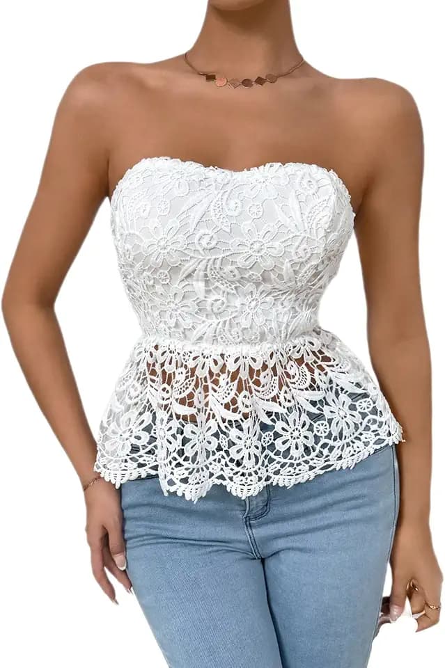 WDIRARA Women's Floral Lace Tube Tops Sheer Strapless Peplum Bandeau Tops