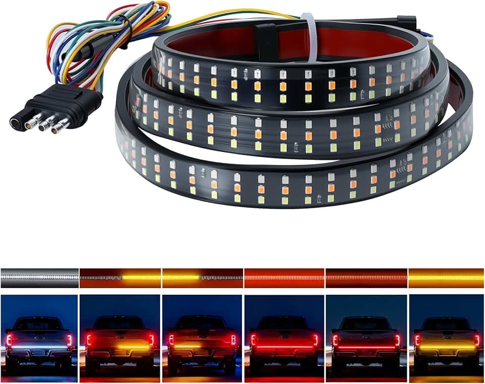60" Tailgate Light Bar - 432 LED Triple Row Strip with Red Brake/White Reverse/Yellow Turn Signals, Sequential Strobe Effects, Waterproof Silicone for Car Pickup SUV Trailers