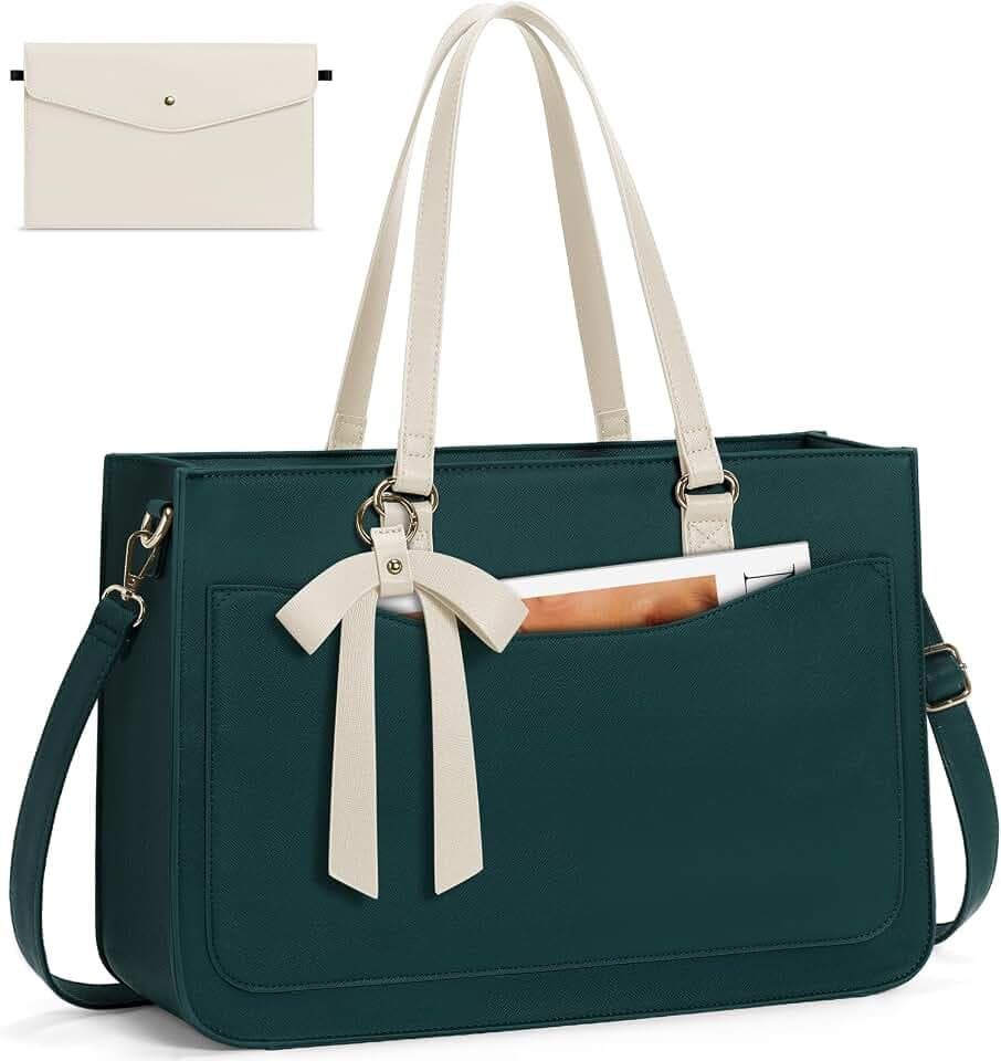 RAINSMORE Laptop Bag for Women 15.6 Inch Work Tote Bags Leather Laptop Tote Waterproof Computer Bag Professional Office Briefcase Large Handbag for College Teacher Travel, Beige and Green