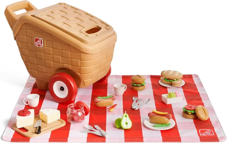 Step2 My First Picnic Basket Toy Playset, 51-Piece Pretend Food & Washable Blanket Set, Rolling Picnic Basket for Toddlers 18 Months+