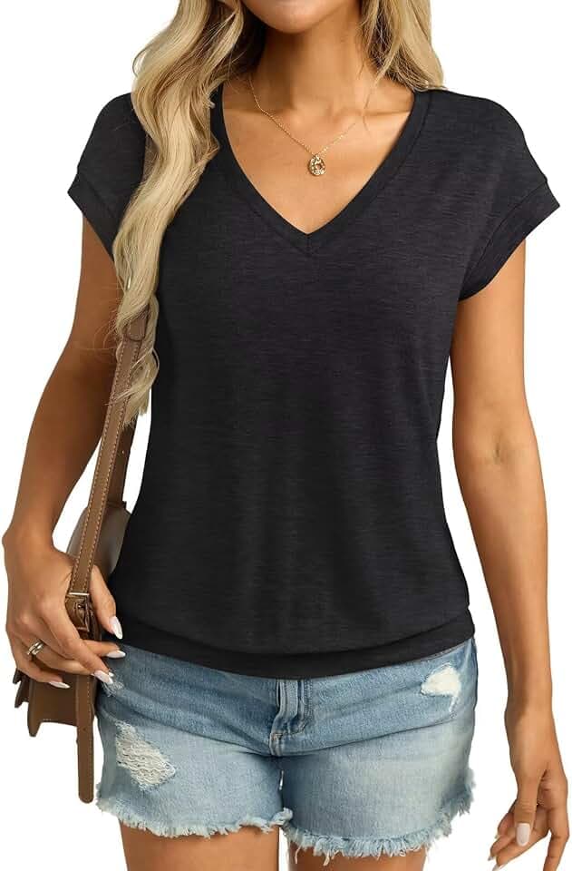 Micticsi Womens V Neck Cap Sleeve T Shirts Banded Bottom Summer Casual Tops
