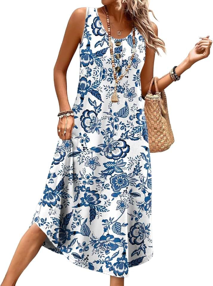 WIHOLL Sommerkleider für Damen, Knopfleiste vorne, Midi-Länge, Urlaub, ärmellos, Sommerkleider mit Taschen 2026