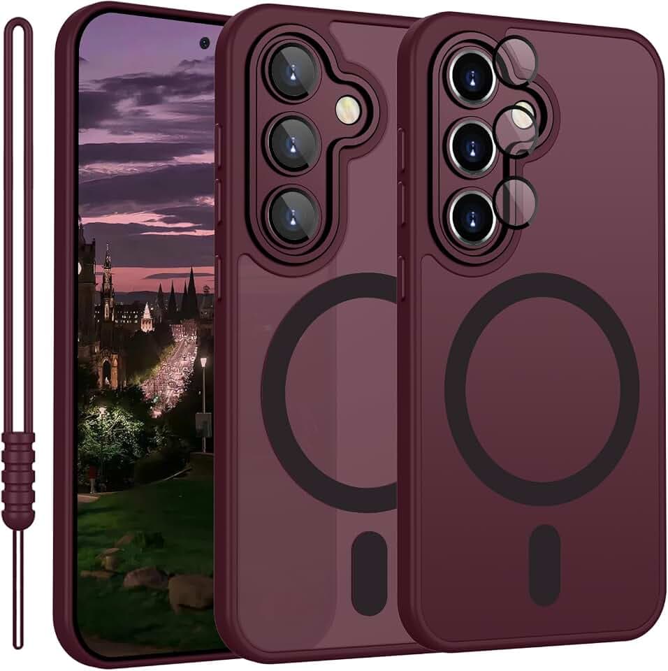 YUANDMI für Samsung Galaxy S25 Plus Hülle kompatible mit MagSafe, Handyhülle für Samsung Galaxy S25 Plus Magnetisch Matte Touch Kameraschutz, rutschfest Kratzfest Schutz Stoßfest Hülle Dunkel Rot