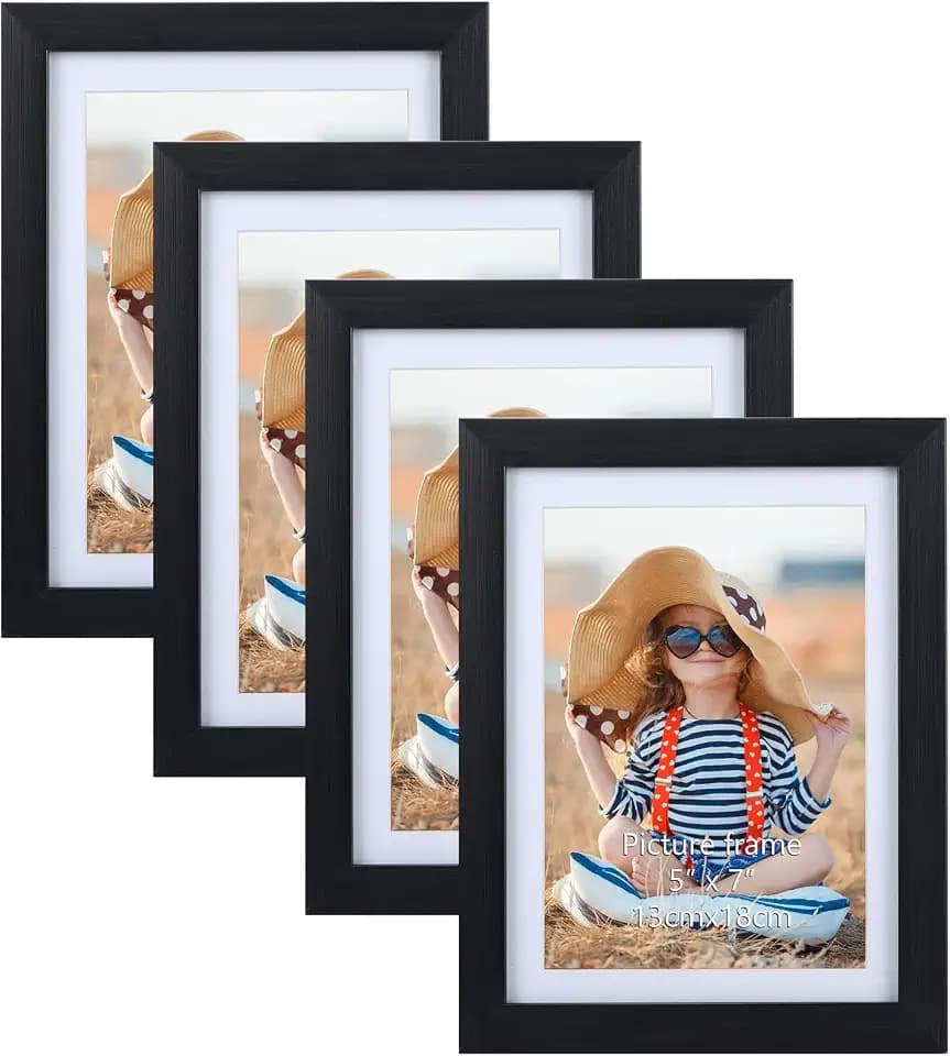 EXYGLO 4er Set Bilderrahmen 13x18 cm mit Passepartout oder 15x20 cm ohne Passepartout, Klassischer Fotorahmen mit Schwarz Holzmaserungsrahmen, Wand- oder Tischaufsteller
