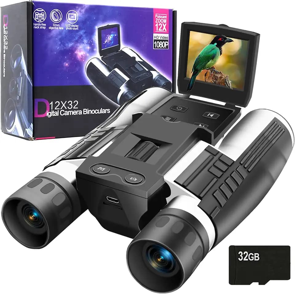 12x32 Binoculars for Adults, Digital Binoculars with Camera 48MP Photo 2.5K Video 2.4" LCD Display Screen with 32GB Micro SD Card for Bird Watching Hunting Football Concerts Theatre