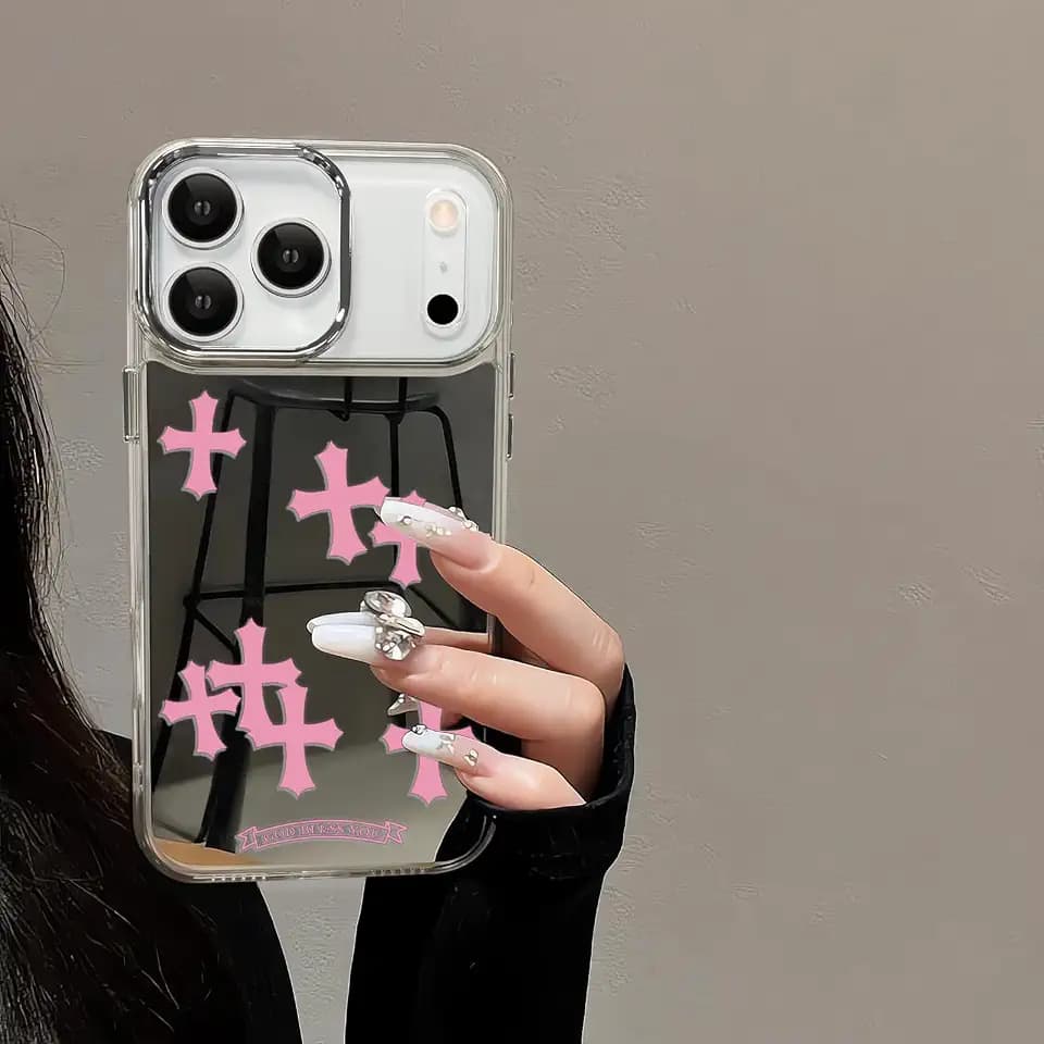 Compatible with iPhone 17 Pro Max Cute Glossy Mirror Back Case,Cross Pattern,Senior Shockproof Protection for iPhone 17 Pro Max Case for Women Girls-Pink