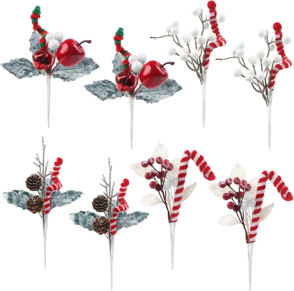8 Stück Künstliche Beerenstängel mit Schnee Gefälschter Rote Beeren Lutscher Süßigkeiten Canes Curly Weihnachten Lollipop Pick Canes für Weihnachtsbaum Home Holiday Vase Party Christmas Branches