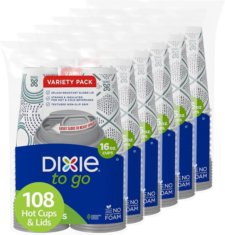 Dixie To Go Disposable Coffee Cups With Lids, 16 oz Paper Cups, 108 Count