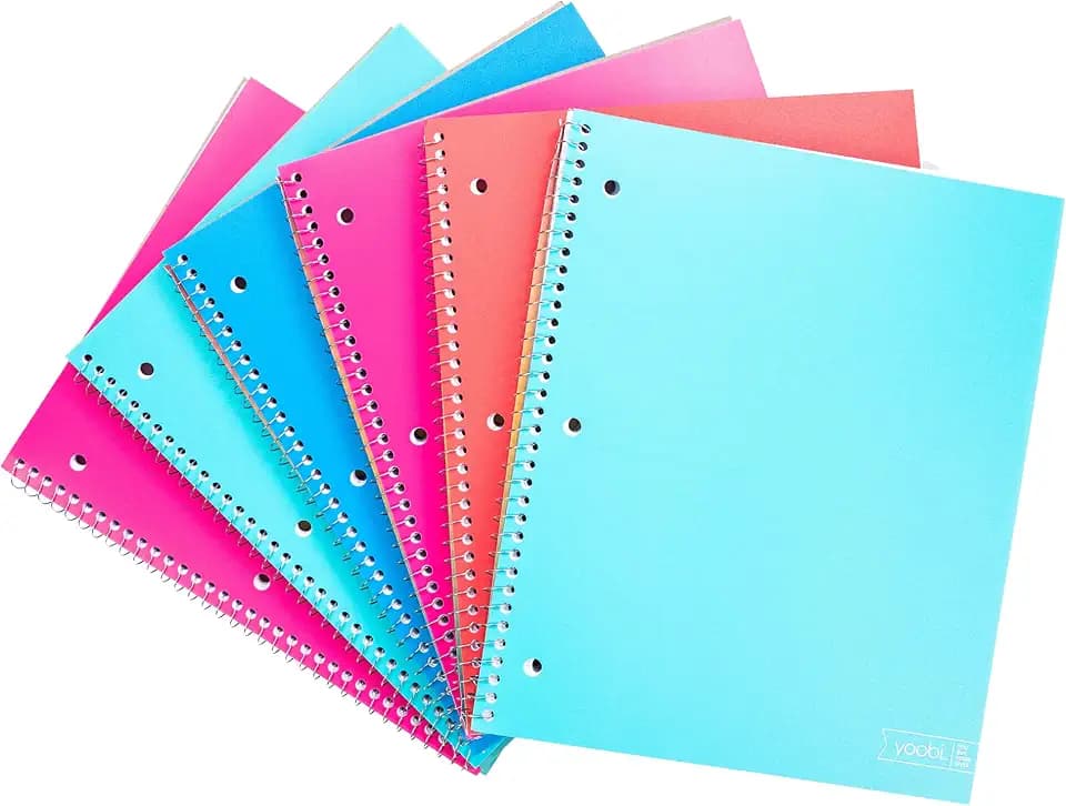 Yoobi College Ruled 8 x 10.5” Spiral Notebook Set – Bulk 6-Pack of 1 Subject Notebooks – Perfect Addition – 100 Perforated 3-Hole Punched Sheets, For School, Office & Home