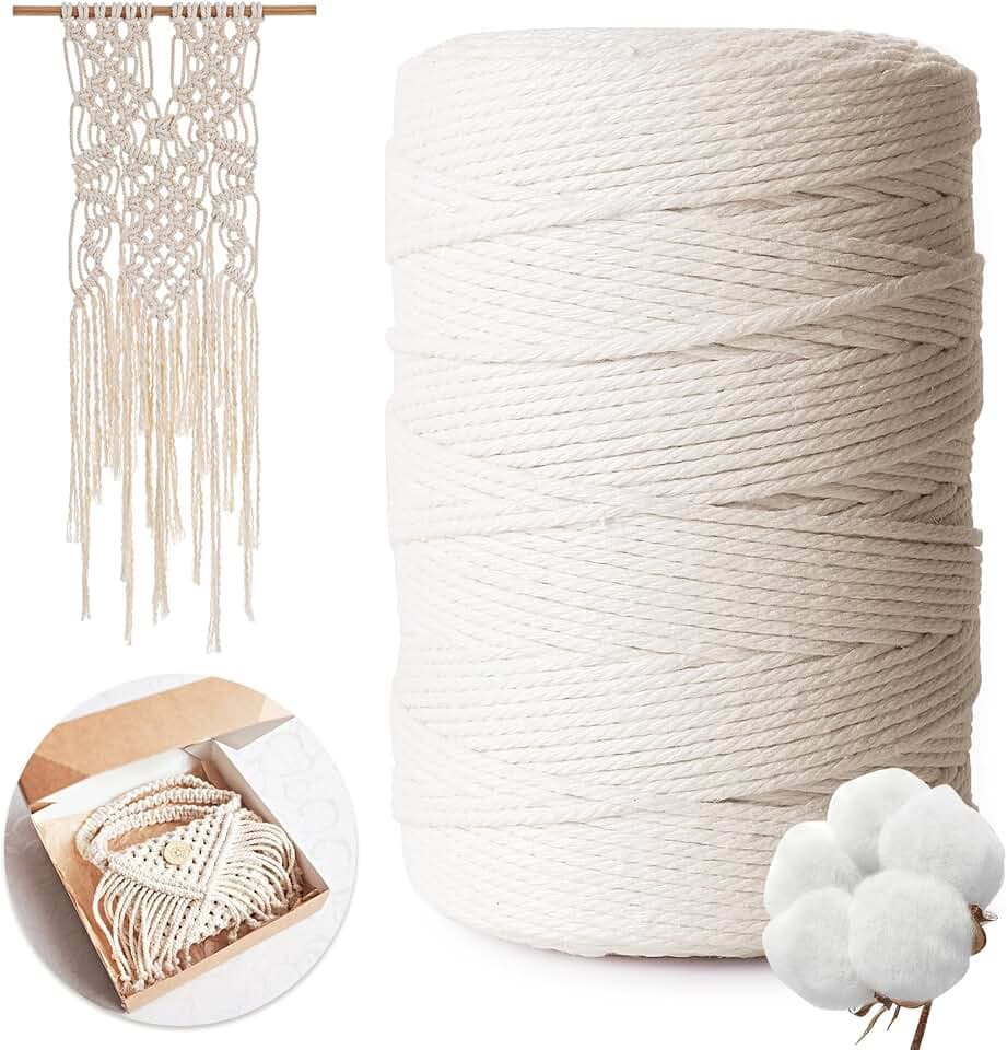 AiQInu Makramee Garn 3mm x 300m, 100% Natürliche Baumwollgarn für Basteln, Wandbehang, Stricken, DIY, Dekoration Beige