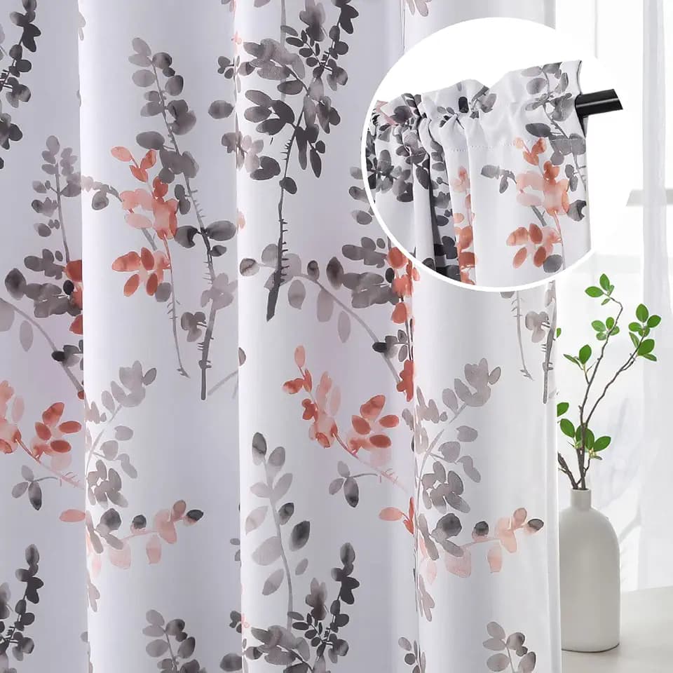 H.VERSAILTEX Floral Curtains 63 Inches Long Printed Pattern Room Darkening Curtains for Bedroom Rod Pocket Window Treatment Curtains, 2 Panels, Classical Floral Grey and Coral