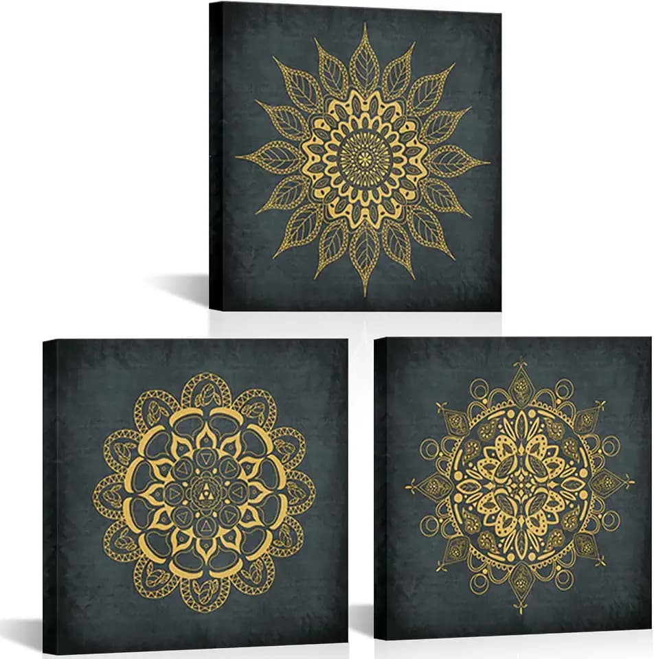 KLVOS 3 Pieces Boho Wall Art Bathroom Gold Mandala Framed Paintings Pictures Vintage Flower Canvas Prints Bohemia Artwork for Bedroom Yoga Spa Home Decoration Framed Ready to Hang 12x12inchx3 Panel