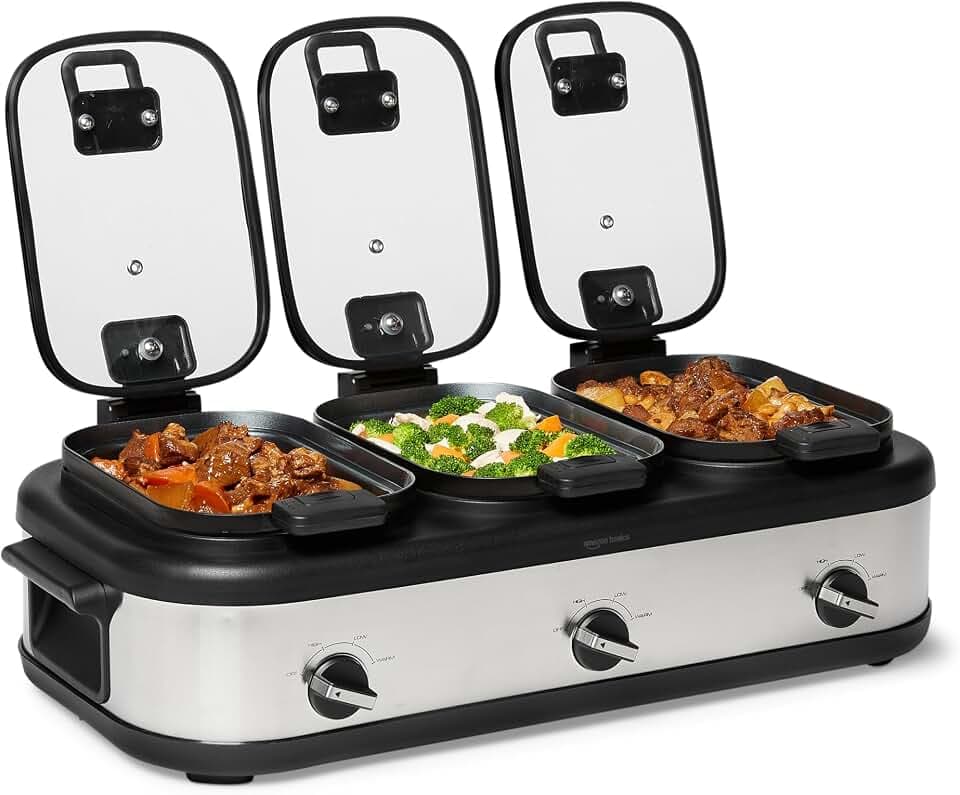 Amazon Basics Triple Slow Cooker with Ceramic Nonstick Coating, Individual Temperature Controls Crock Pot for Parties and Events, Locking Handles, Glass Lids, 3 x 2.5 Quarts, Stainless Steel