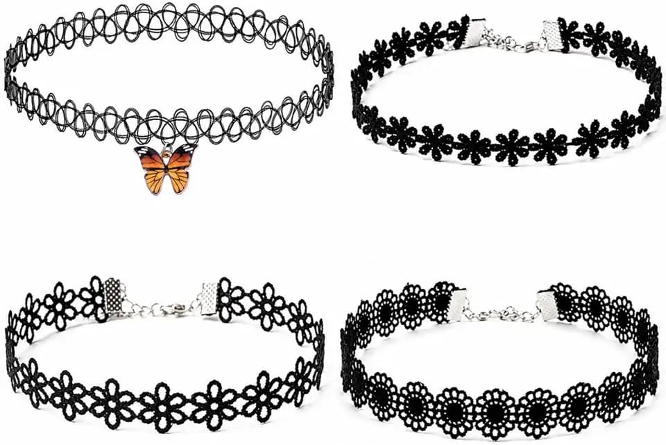 4-Piece Tattoo Choker Set – Black Choker Necklace 90s Retro Stretchy Elastic Y2K Vintage Chokers, Adjustable Gothic Grunge Aesthetic Jewelry for Women, Layered Choker Necklace Set