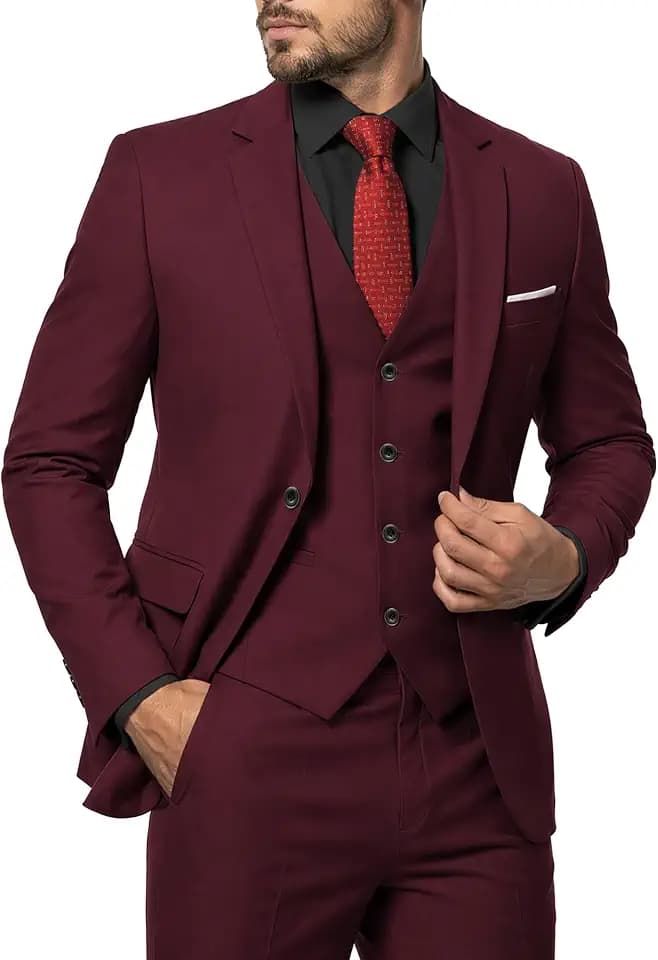 MY'S Men's 3 Piece Slim Fit Suit with Tie, Solid Color Jacket Vest and Pant