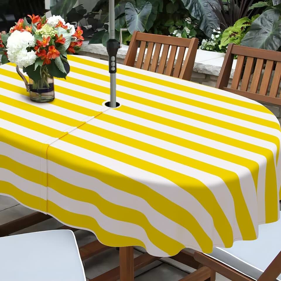 Yellow Strip Print Outdoor Tablecloth with Umbrella Hole for Oval Table, Waterproof Strip Patio Table Cloth with Zipper - 60 x 84 inches