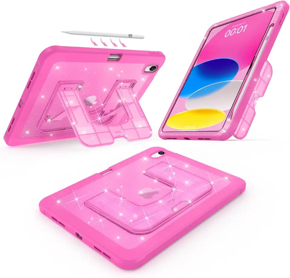 CCMAO Case for iPad (A16) 11th 11" 2025, iPad 10th 2022 with Pencil Holder & Kickstand, Shockproof Protective Slim Thin iPad Case with Glitter Transparent Back Cover for iPad 11/10, Rose Glitter