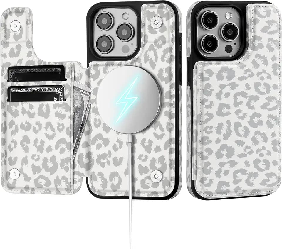 SkyEagle for iPhone 14 Pro Max Wallet Case with Card Holder Compatible with Magsafe Kickstand RFID Blocking Flip Cover Credit Card Slots PU Leather Men Women Phone Case forApple14 ProMax,Leopard-White
