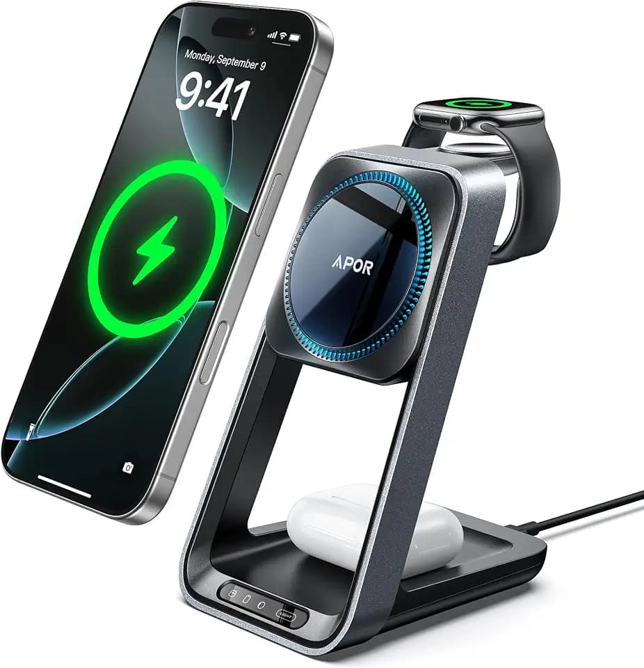 3 in 1 Charging Station for iPhone, Magsafe Wireless Charger with Cooling Fan for iPhone 16 15 14 13 12 Series & Apple Watch Charger 10/Ultra 2, Wireless Charging Station for AirPods 4/3/Pro/Pro 2