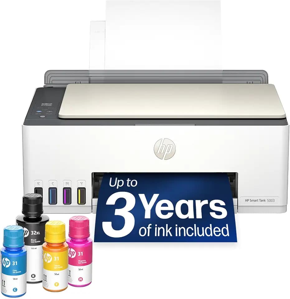 HP Smart Tank 5003 Wireless All-in-One Ink Tank Printer, Scanner, Copier with up to 3 Years of Ink Included, Best-for-Home, Cartridge-Free Refillable, AI-Capable (9B2D3A)