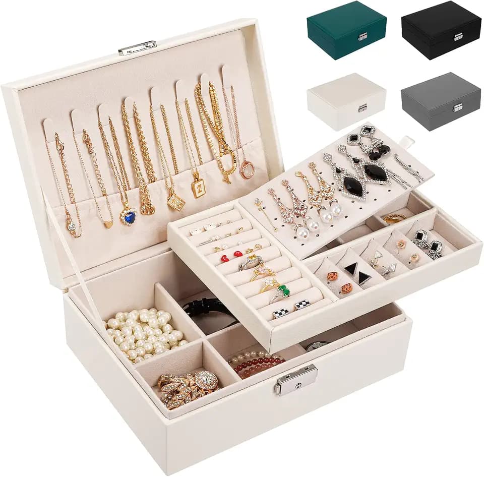 LUZOON Schmuckschatulle Schmuckkästchen für Damen, 2 Schich Schmuckaufbewahrung Mädchen Schmuckkasten Schmuckbox PU Leder Schmuck Groß für Ringe, Ohrringe, Halskette (Weiß)