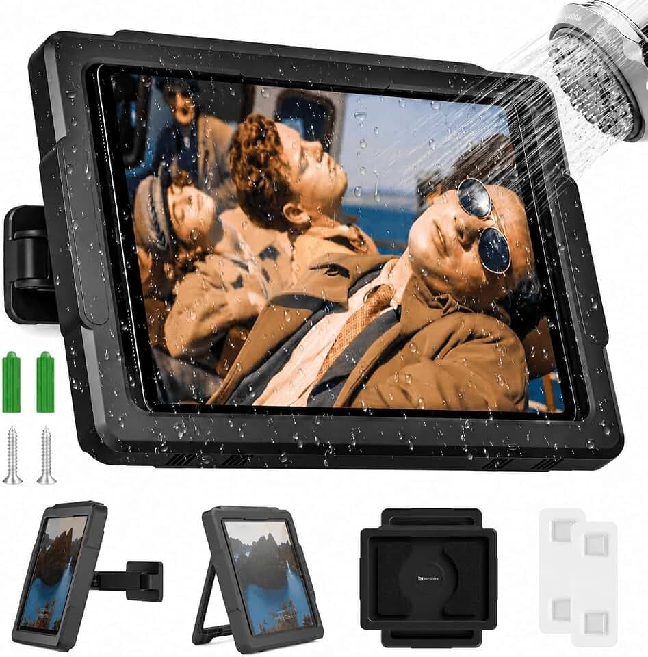 Wasserfeste iPad-Halterung für die Dusche mit 480°Rotation, Teleskopverstellung und Wandmontage Tablet Halterung für Badezimmer & Badewanne, 2 Klebefolien, passend für iPad Pro 11 (Weiss, bis 11")