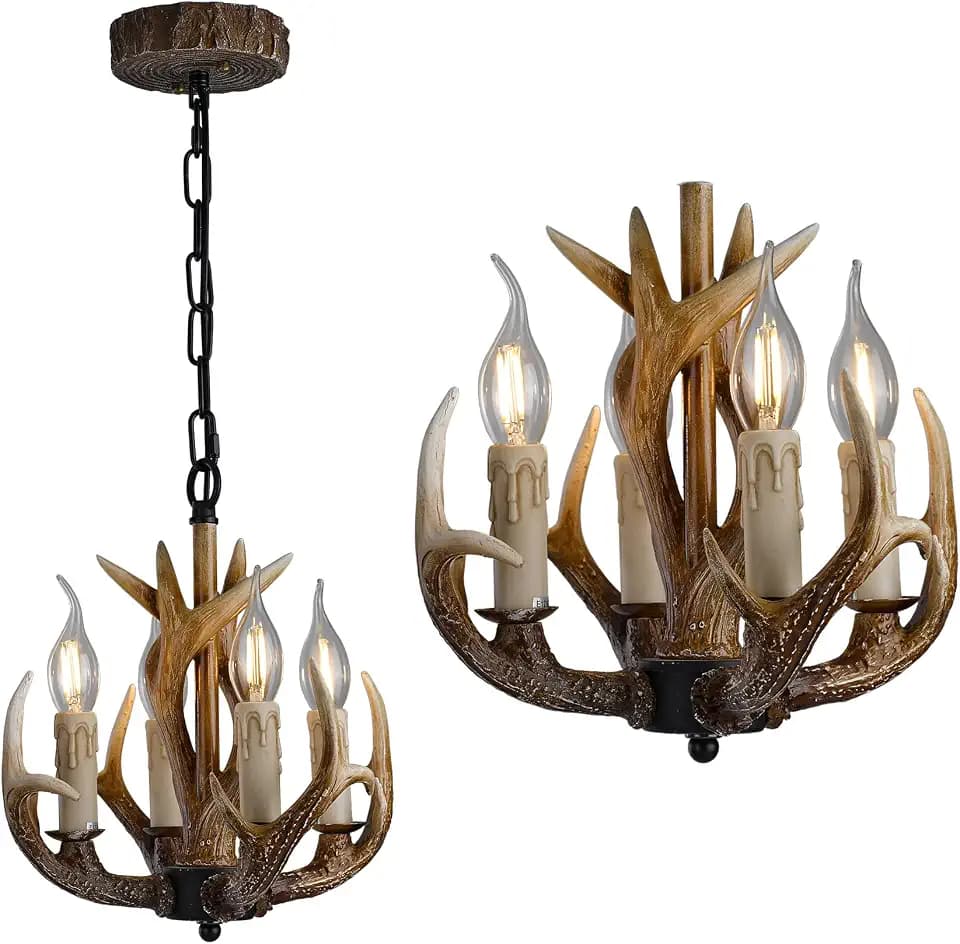 4 Lights Retro Antler Chandelier Rustic Farmhouse Deer Chandelier Light Fixture Vintage Style for Dining Room Bedroom Hallway, Entryway Kitchen Island
