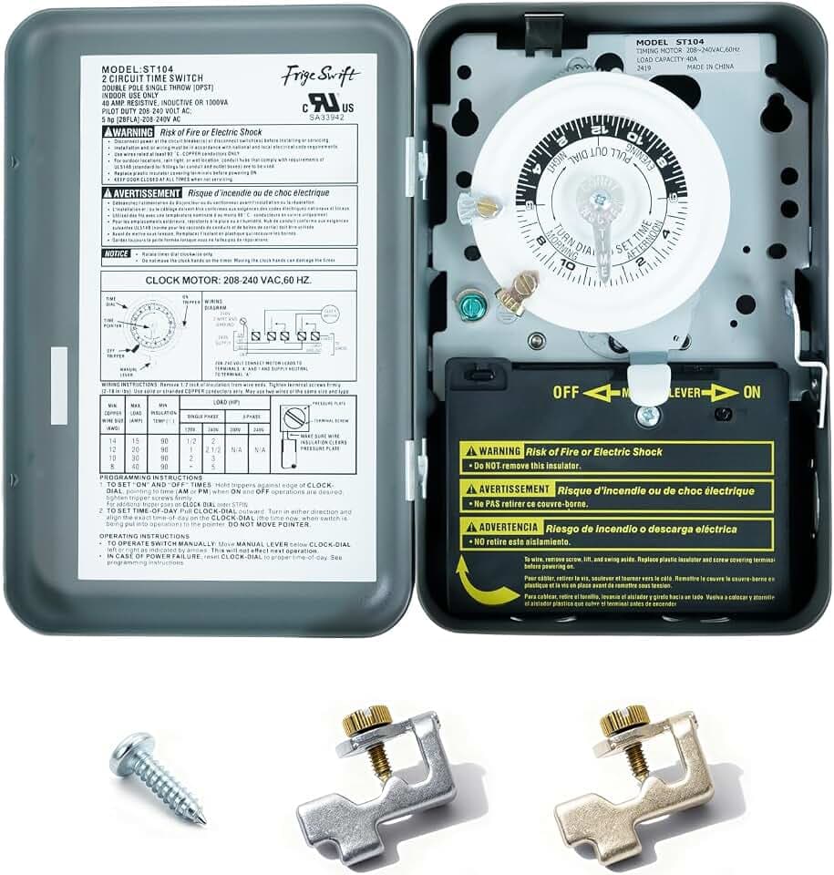 T104 24-Hour Heavy-Duty Mechanical Timer,40A DPST,208-240V Commercial Timer