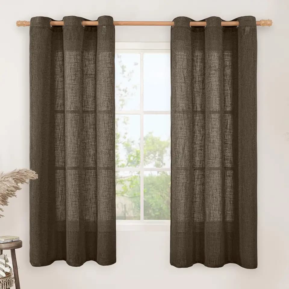 LAMIT Linen Semi Sheer Curtains 63 Inch Length 2 Panels, Dark Brown
