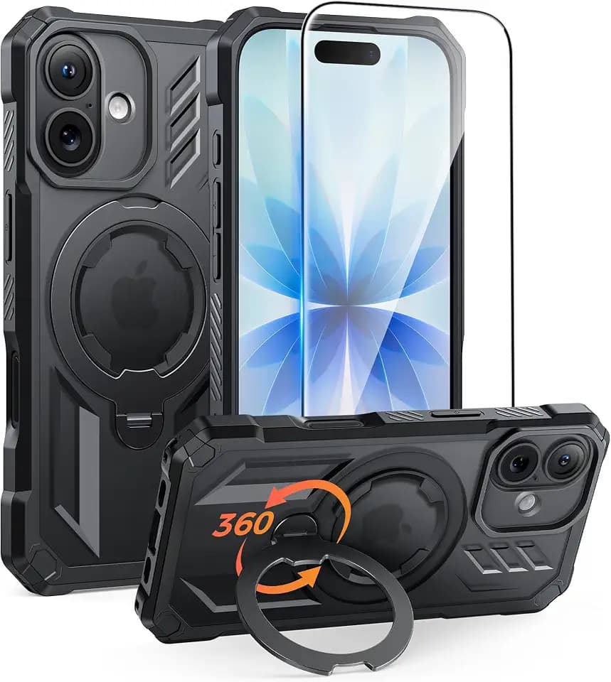 FNTCASE for iPhone 17 Case with 360 Spin Magnetic Stand Translucent Black