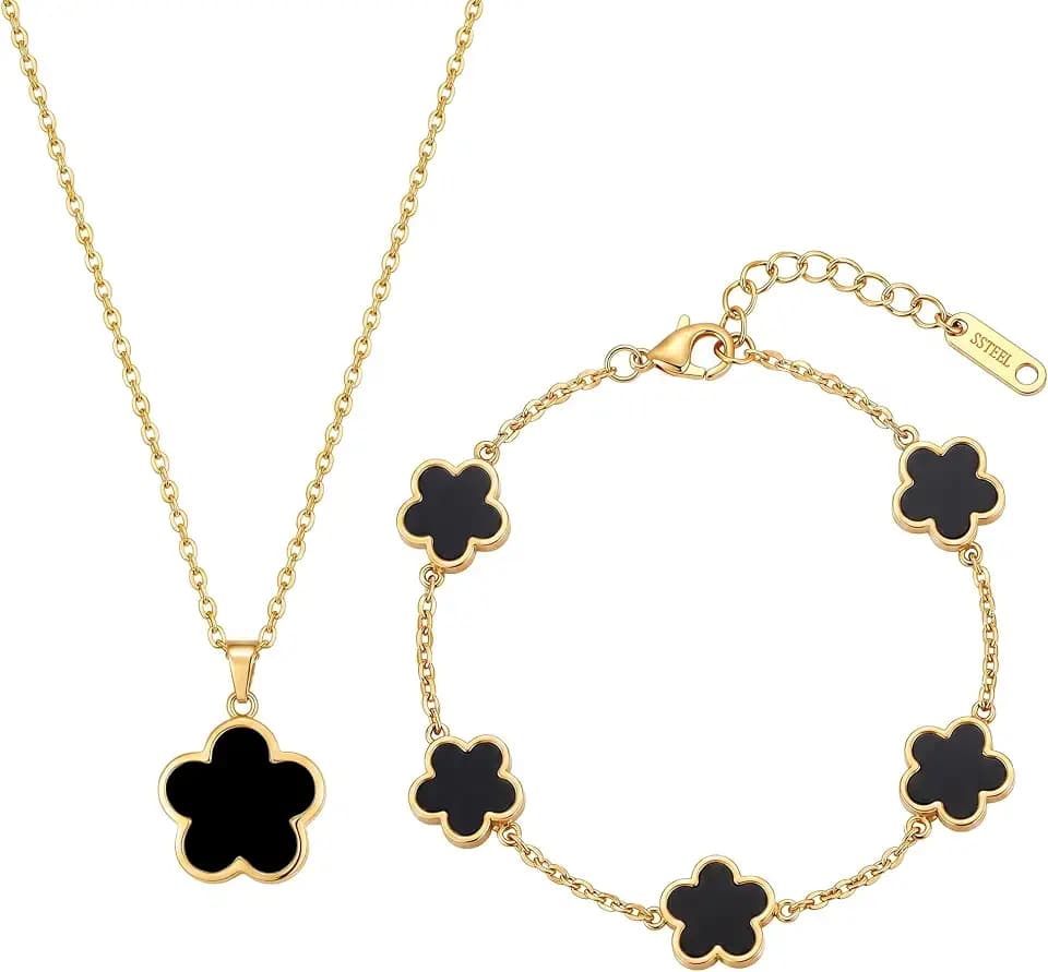 Five-Leaf Clover Jewelry Set – 18K Gold-Plated Stainless Steel Necklace & Bracelet, Elegant Lucky Charm 2-Piece Set in Black & White, Gift for Women