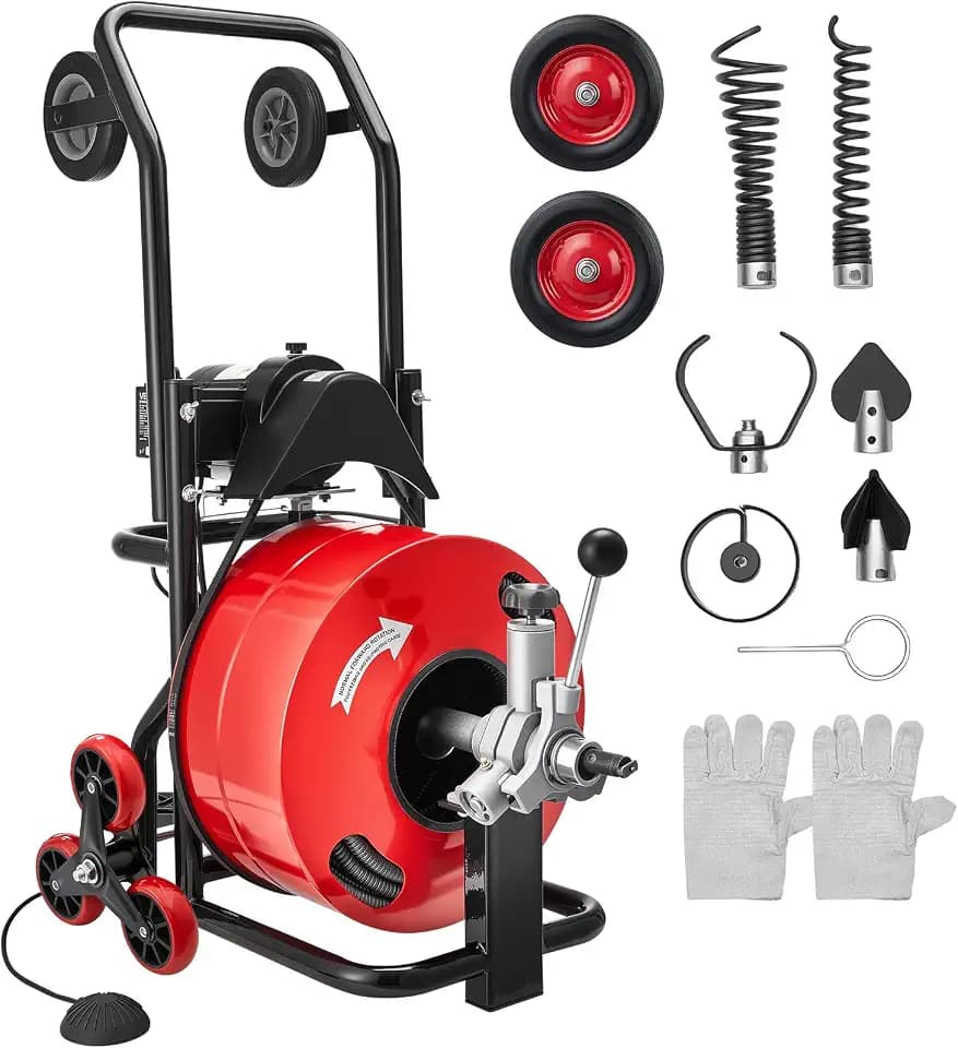 VEVOR Rohrreinigungsmaschine φ19 mm x 30 m, Reinigungsspirale mit Automatischer Zufuhr, Mehrradkombination, 6 Schneidwerkzeugen & Pneumatischem Fußschalter für Rohrdurchmesser von 100 bis 200 mm
