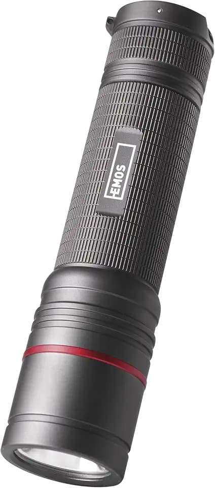 EMOS - aufladbare CREE-LED-Metall-Taschenlampe - 3 Lichtmodi - Ultibright 90 mit Fokus - stoßbeständig- wasserdicht - superhell 1200lm, max. 280m - Inkl. Band und Beutel - für Innen- und Außen- grau
