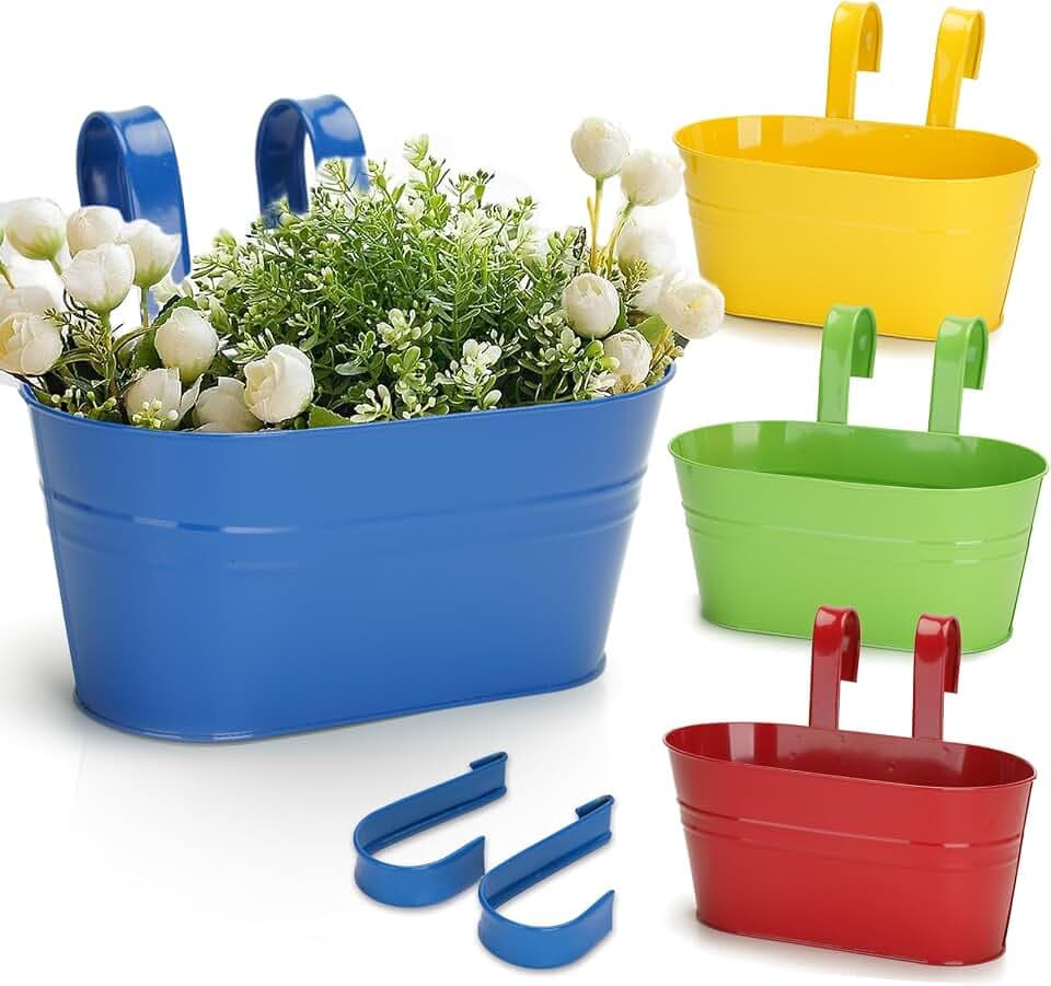 KINGLAKE 4 Stück 27CM Blumentöpfe zum Aufhängen Hängend, Bunt Blumentopf Metall,Große Hängetopf mit Abnehmbarem Haken und Loch, für Balkon, Zäune, Fenster, Geländer-27X 22X 12cm