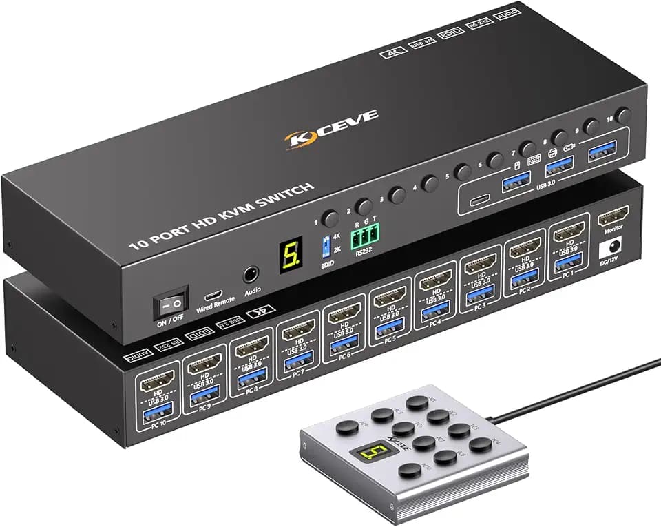 10 Ports HDMI KVM Switch 4K@60Hz EDID Simulation,USB 3.0 KVM Switch for 10 Computers Share 1 Monitor and 4 USB Devices, KVM Switches with Audio RS232 Wired Remote 12V Power and USB Cable